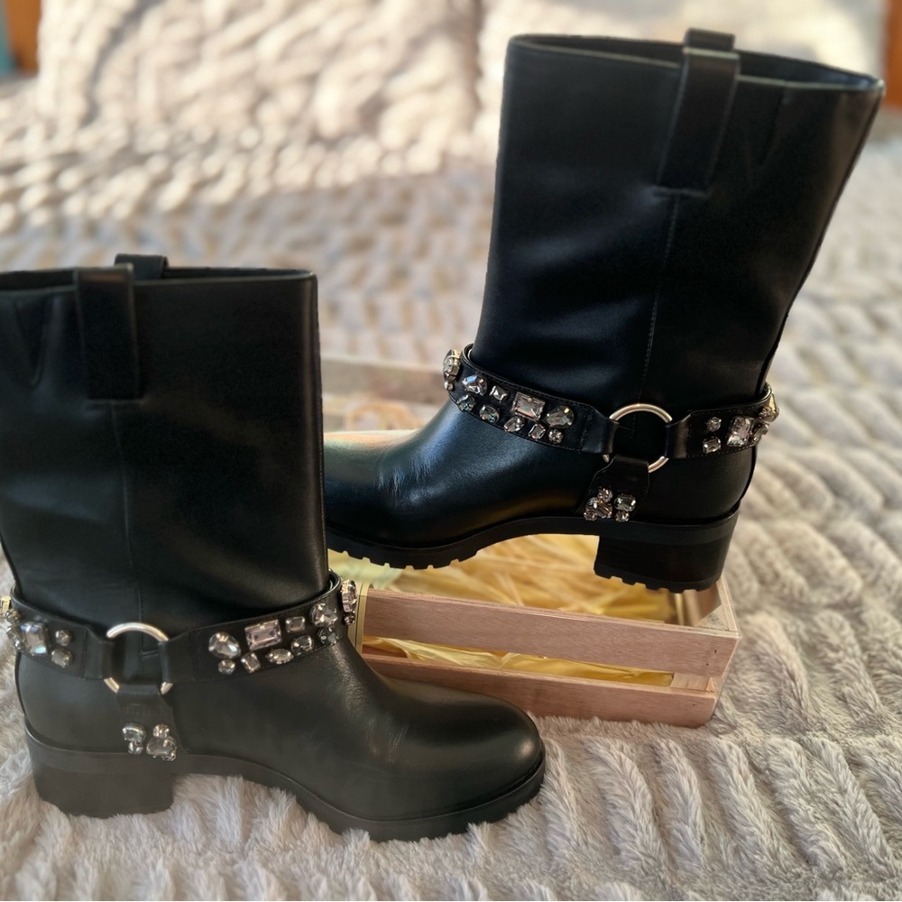 White House Black Market Black Jeweled Leather Moto Boots NWOT (dust covers inc)